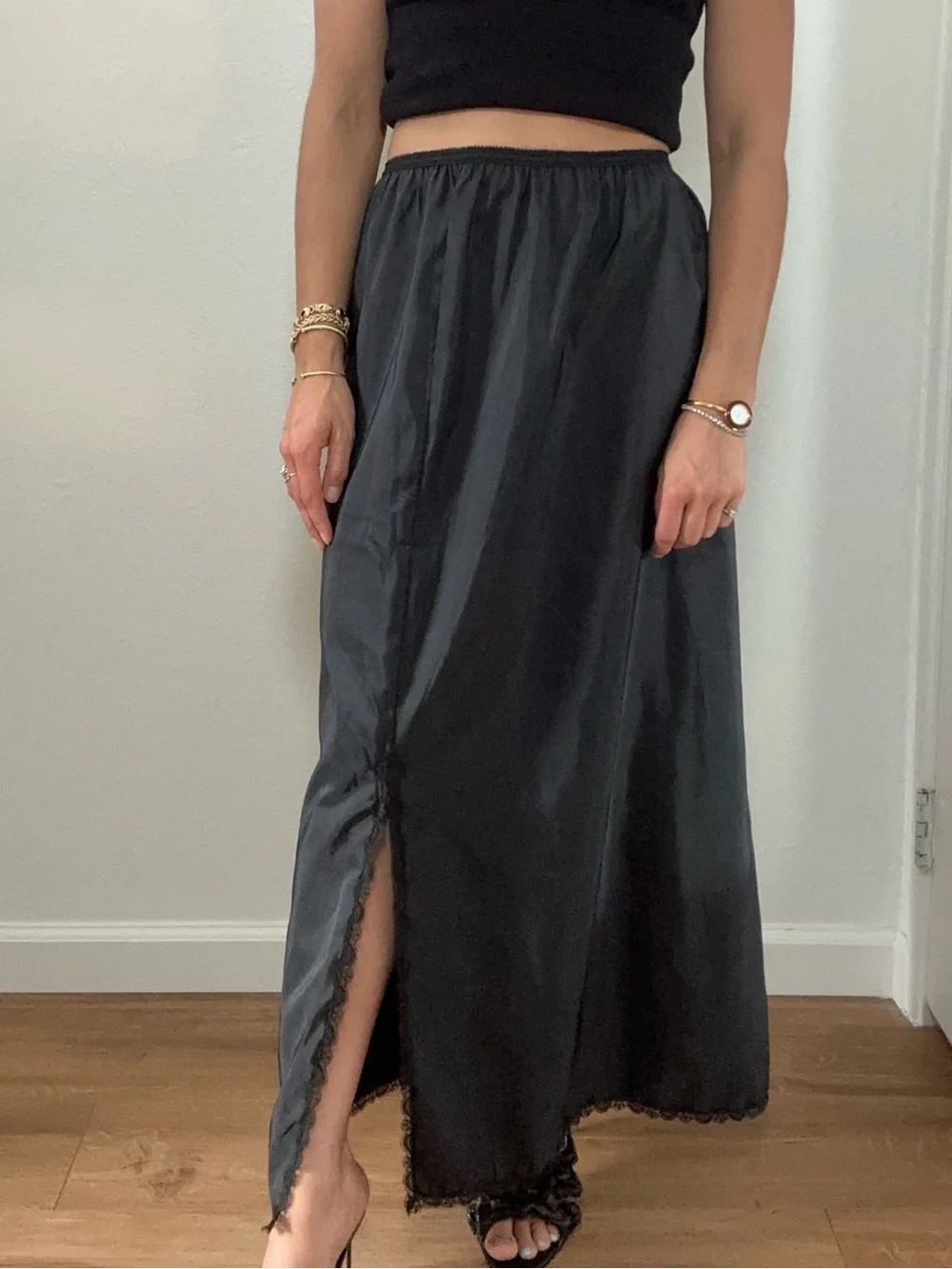 Vintage Sears 80's Black Maxi Skirt Slip Skirt Lace Trim Size M